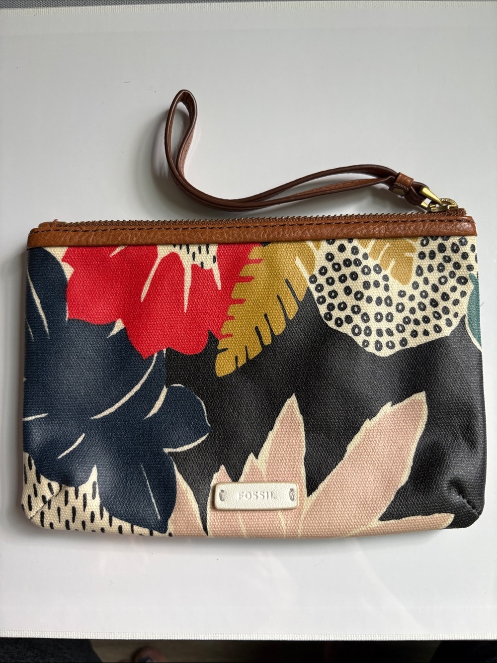 Fossil Eliza Floral Canvas Wristlet in Red, Navy, Mustard, Cream, Pink, Black.